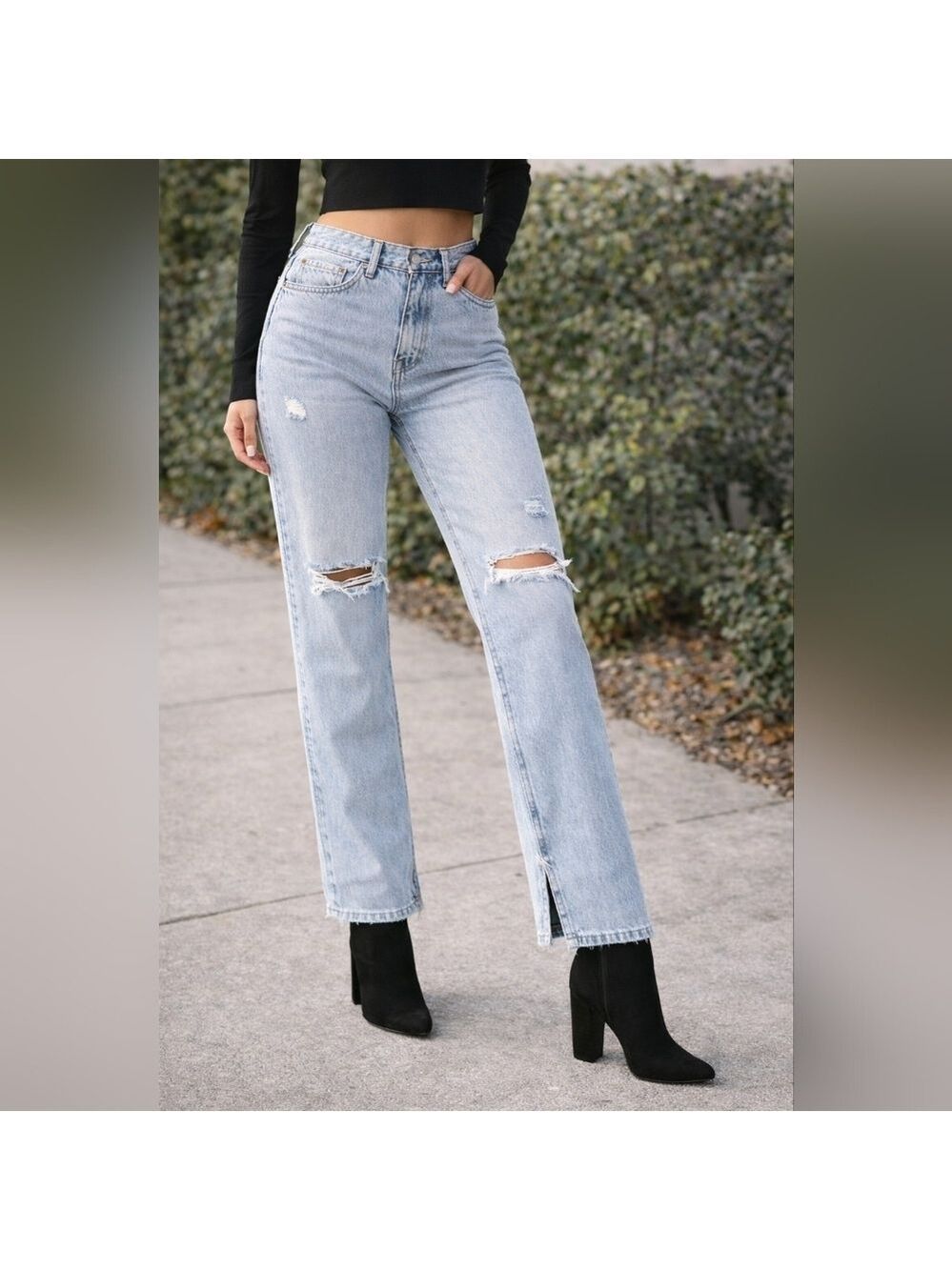 NWT Vanilla Star Side Slit Ripped High Rise Straight Leg Jeans Size 12